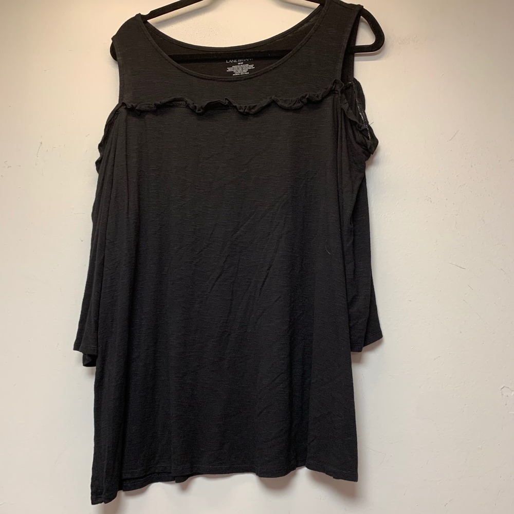 Lane Bryant Cold Shoulder Top Women 18/20 Black Excellent Ruffle Slub Knit